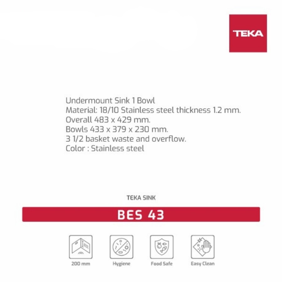 Kitchen Sink Undermount Teka BES 43 Stainless Steel SUS 304