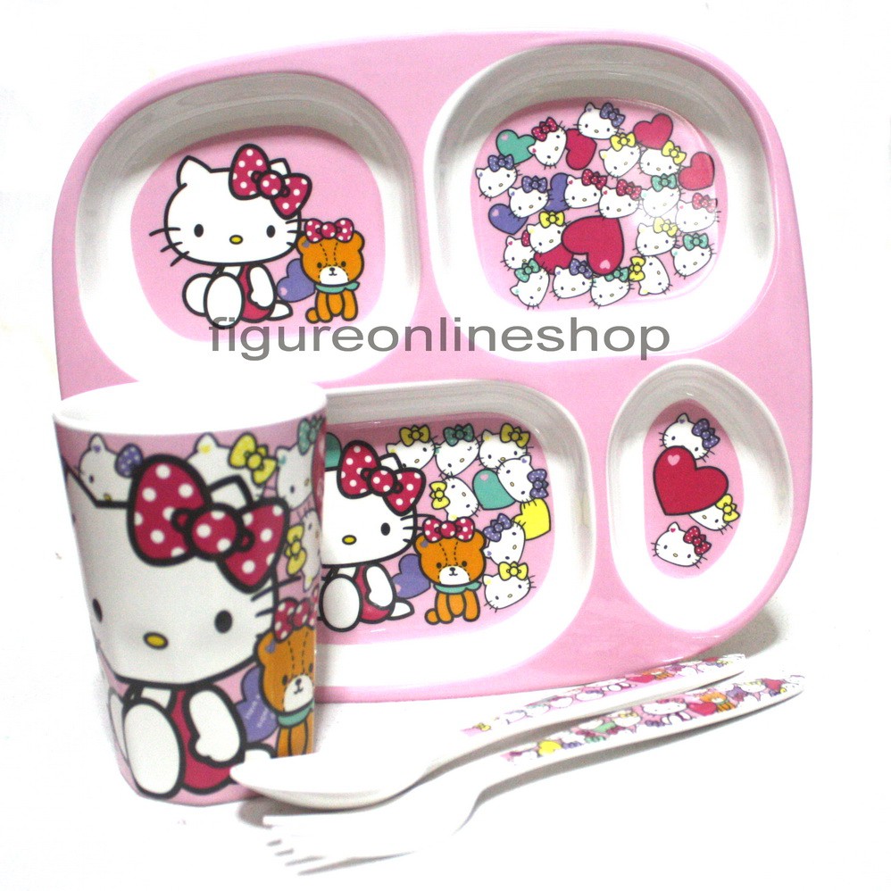 SET PIRING SEKAT-4 + MUG + SENDOK + GARPU MELAMIN HELLO KITTY PINK