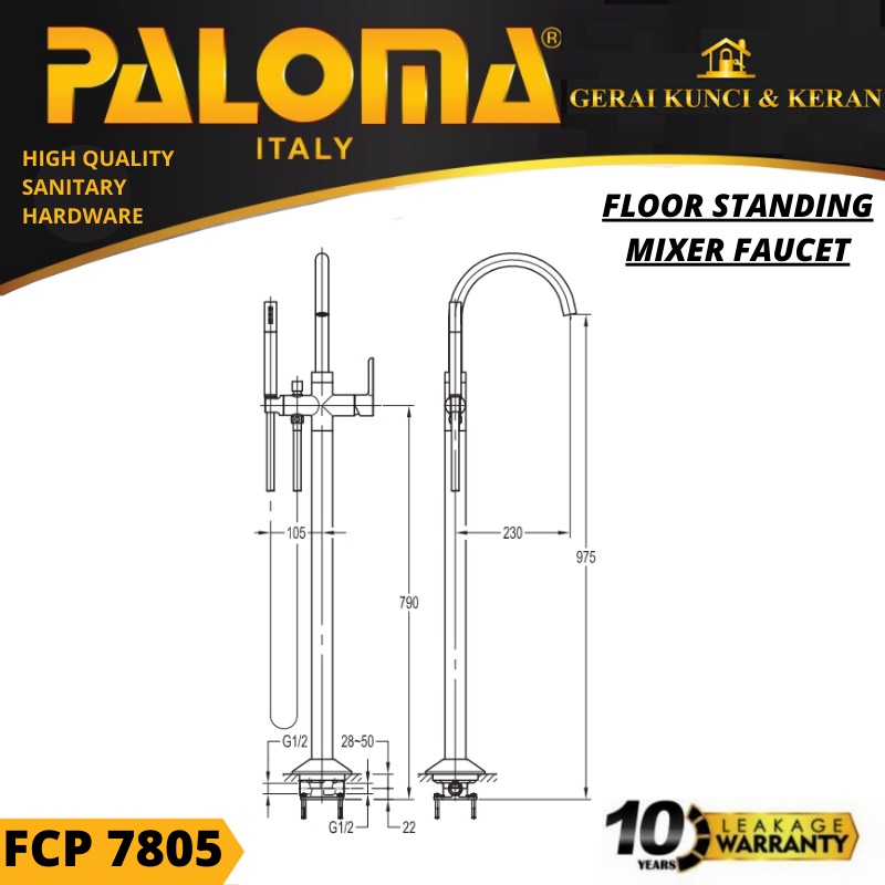 PALOMA FCP 7805 Keran Mixer Bathtub Lantai Floor Panas Dingin Kran Air SATIN GOLD EMAS