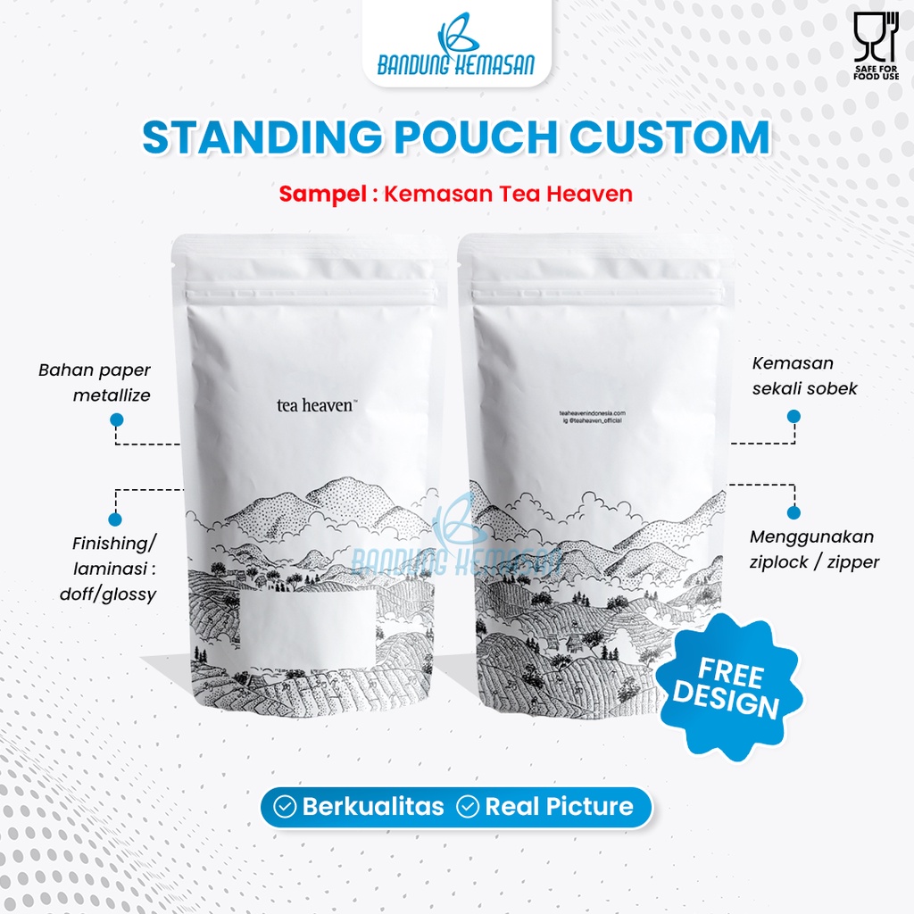 

13 x 21 - Custom Cetak Kemasan Standing Pouch Plastik Makanan Ziplock - Full Printing, Minimal Order 100 Pcs!