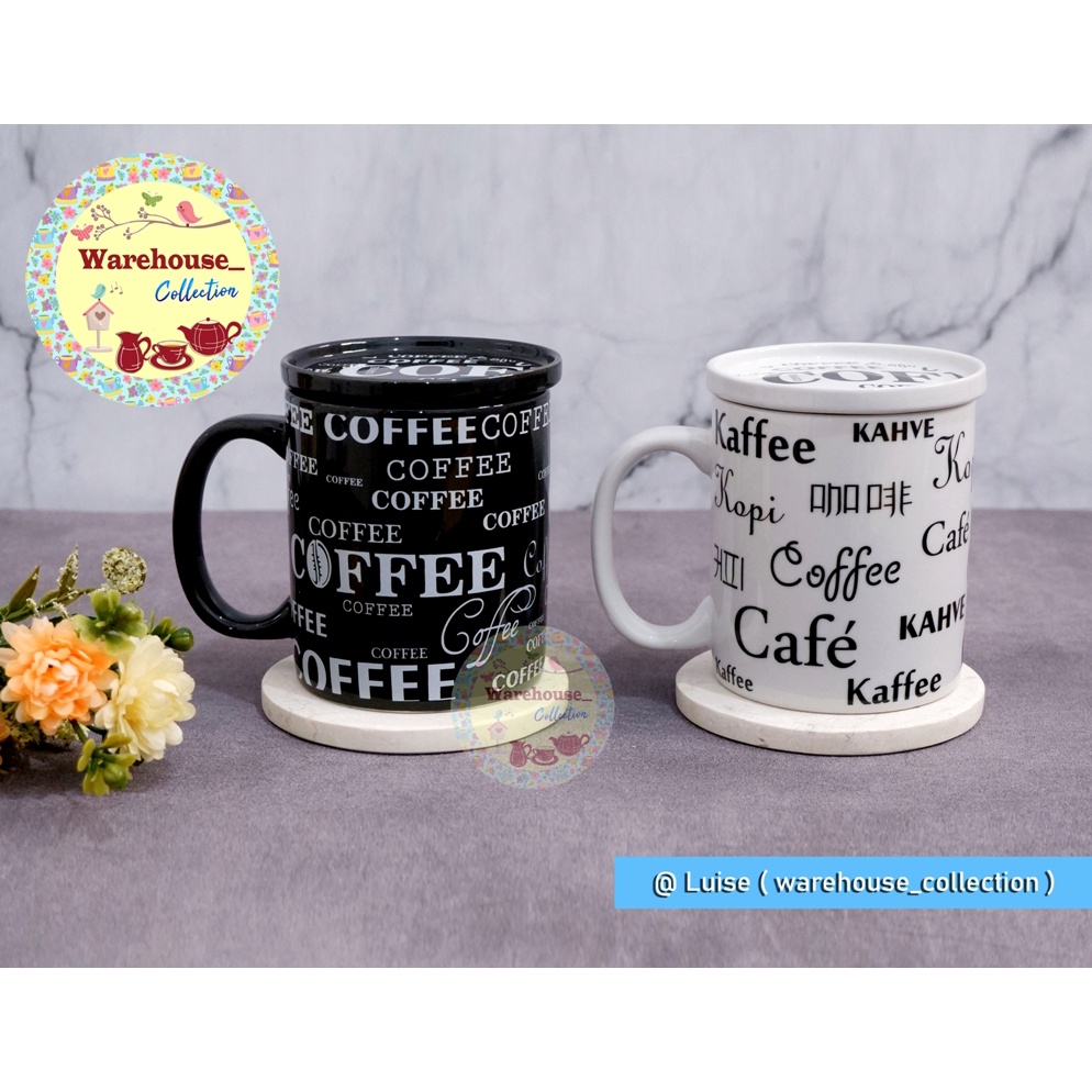 Mug /Cangkir + Tutup Full Print Coffee Keramik / Gelas Kopi black or white per-pcs