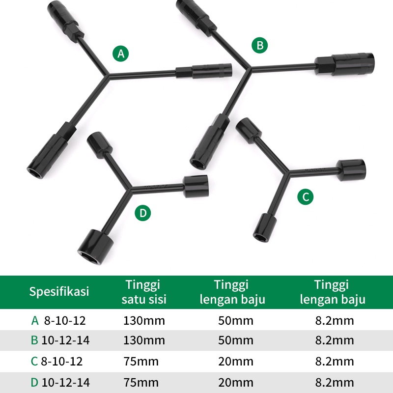 ISKU Kunci Y 8 10 12 Panjang Kunci Sock Y 10 12 14 Socket Wrench Hitam Perak Alat Perkas