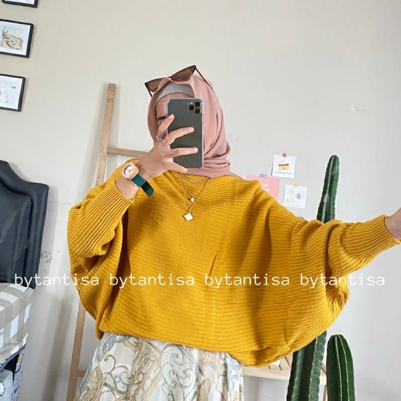 BLOUSE BATWING BAJU RAJUT | SWEATER RAJUT MODEL KELELAWAR | OUTER RAJUT Pakaian Wanita Atasan Wanita Fashion Muslimah-Mustard