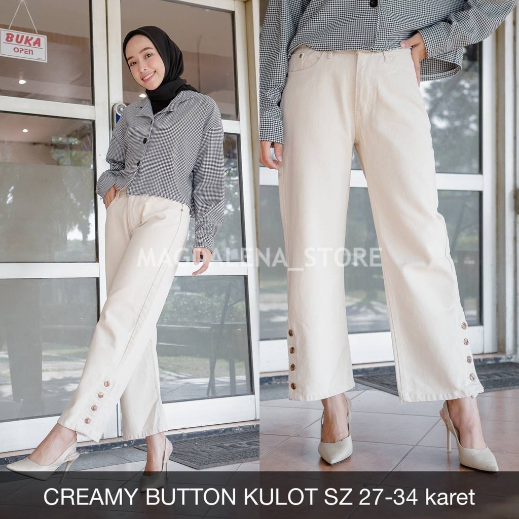 CELANA KULOT JEANS WANITA CREAMY BUTTON KULOT CREAM