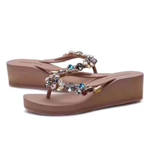 Ingvivi Swarovski wedges bulat 5cm 779 Sandal Wanita Wedges Import Terbaru Korea Jepit Tinggi 5cm Manik Motek