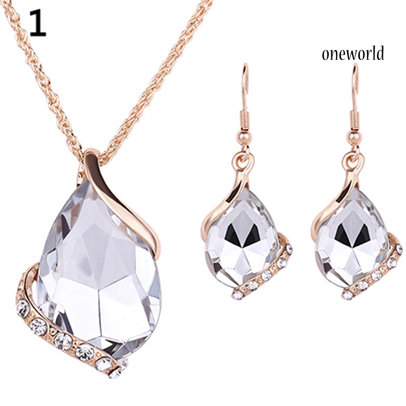 [ONE] 1set Wanita Kalung Anting Berlian Imitasi Mengkilap Hias Perhiasan Lady Faux Kristal Choker Rantai Kalung Drop Earrings Untuk Pesta