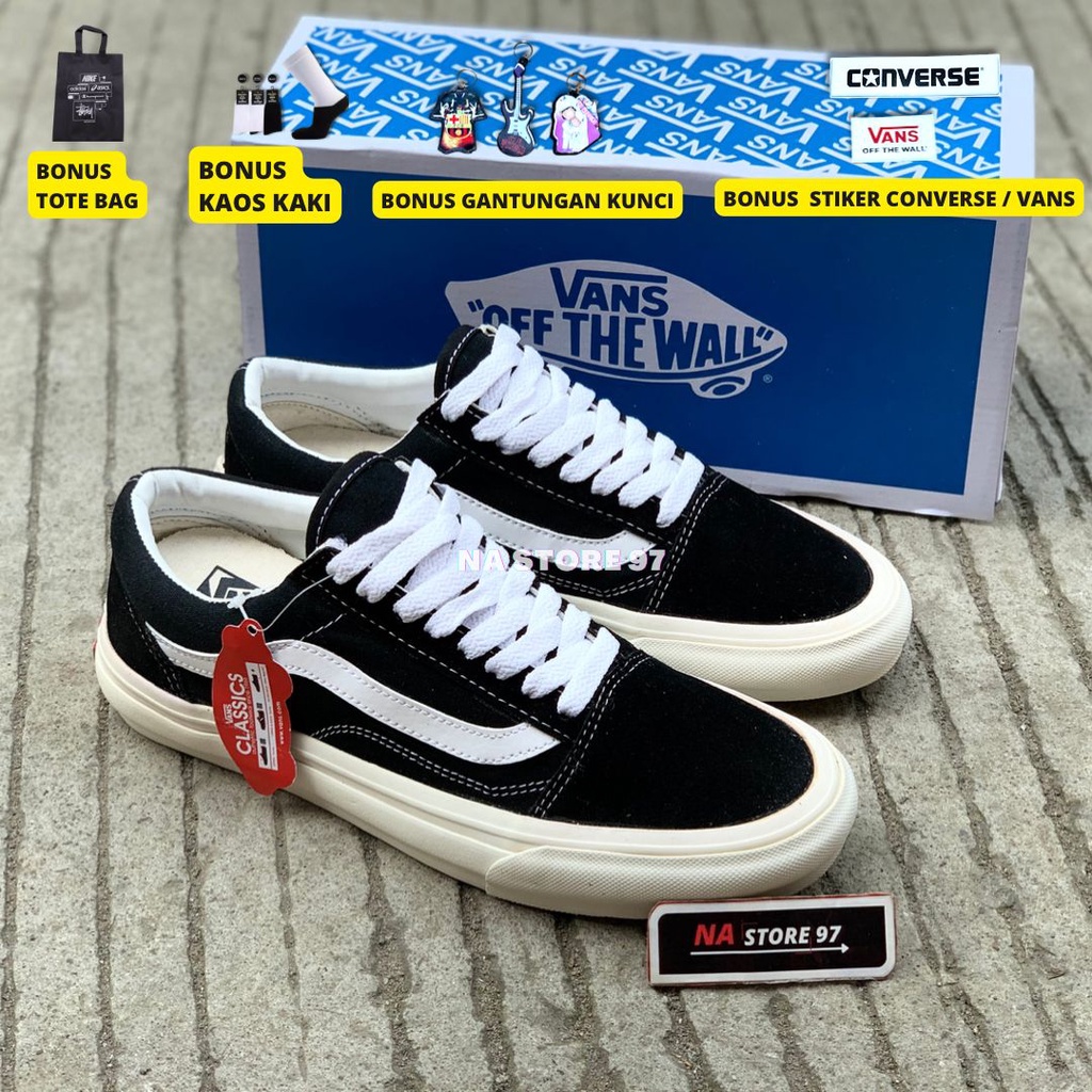 (GRATIS KAOS KAKI &amp; STIKER) Vans Oldskool OG Premium Quality Black White Sepatu Sekolah