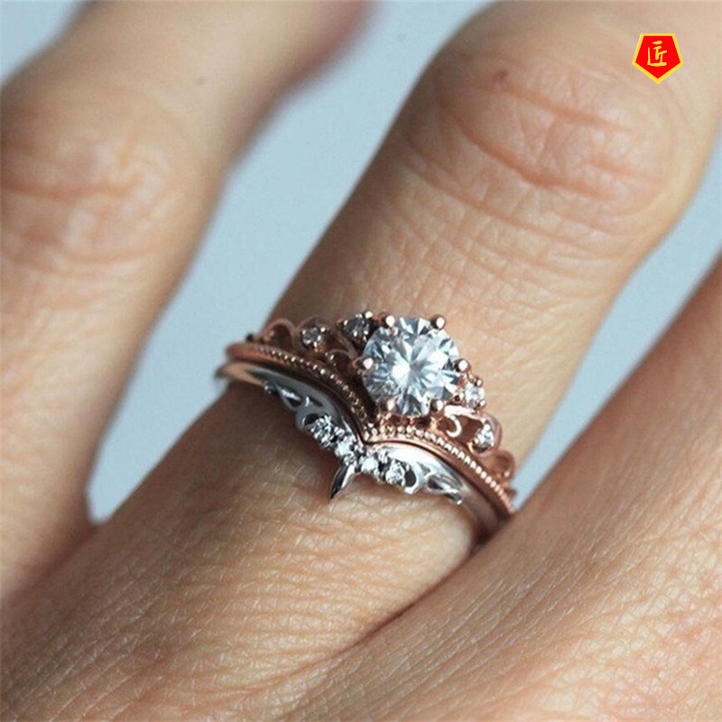 [Ready Stock]Creative Crown Color Separation Ring Set Diamond 14K Rose Gold