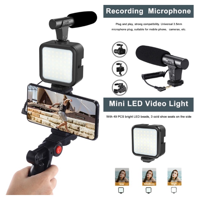 Vlogging KIT Alat Paket Vlog Hp Lengkap Youtuber Vloger Handphone 5 in 1 Item LED Video Light Phone Holder Tripod Microphone Remote Shutter-4