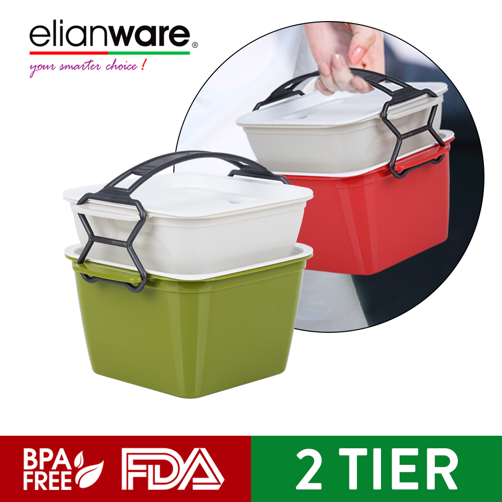 Kotak Bekal MakananELIANWARE 2 Layer Tier Microwaveable BPA Free Square Tiffin Food Carrier Lunch Box with Cariolier