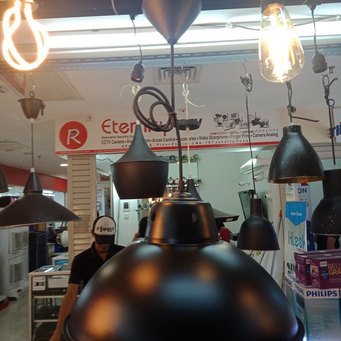 Kap Lampu Gantung Industri Hitam Stainless Fitting E27 Alumunium 16"