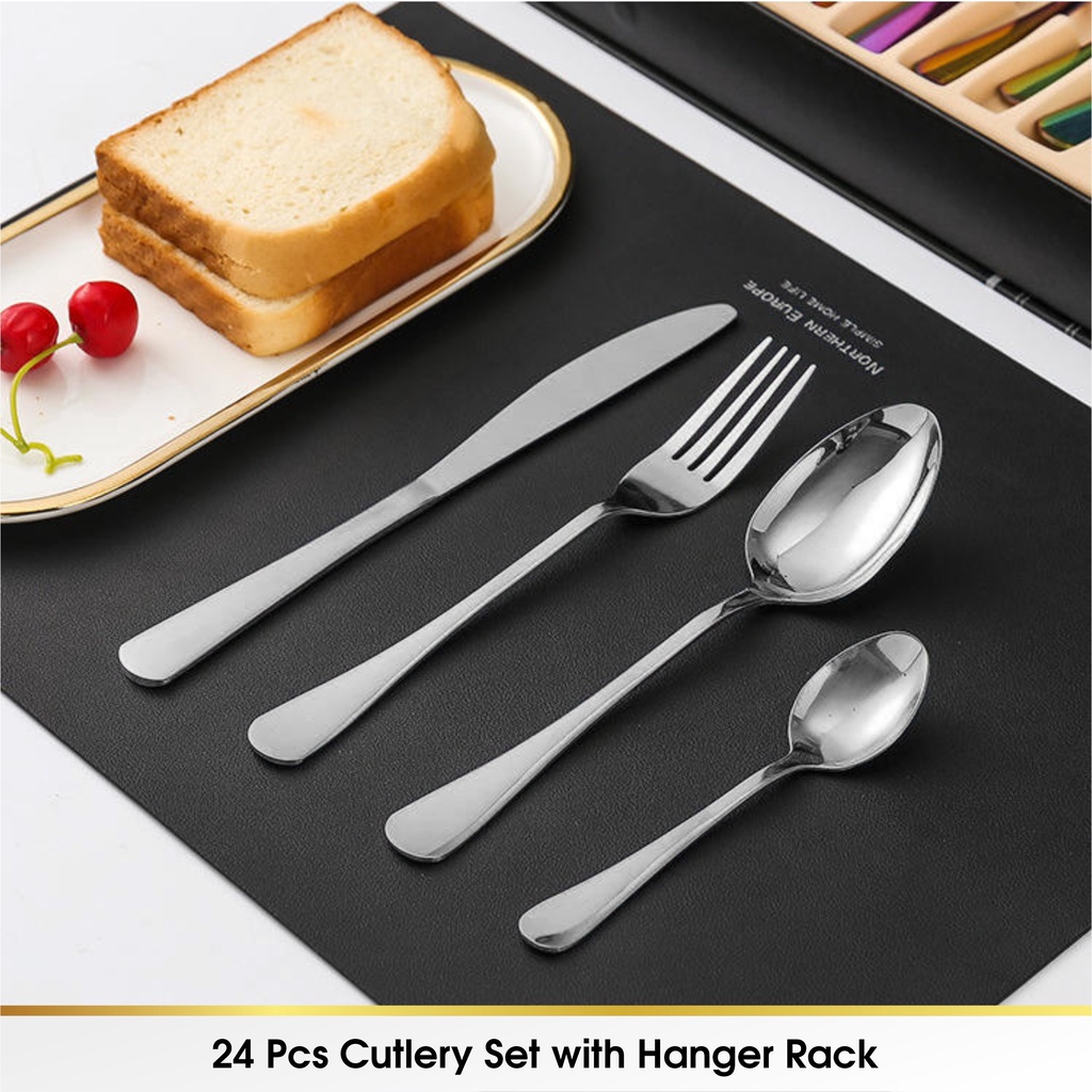 24 Pcs Souvenir Sendok Garpu Makan Korea Travel Cutlery Set﻿ Korea Stainless Dengan Gantungan Rack