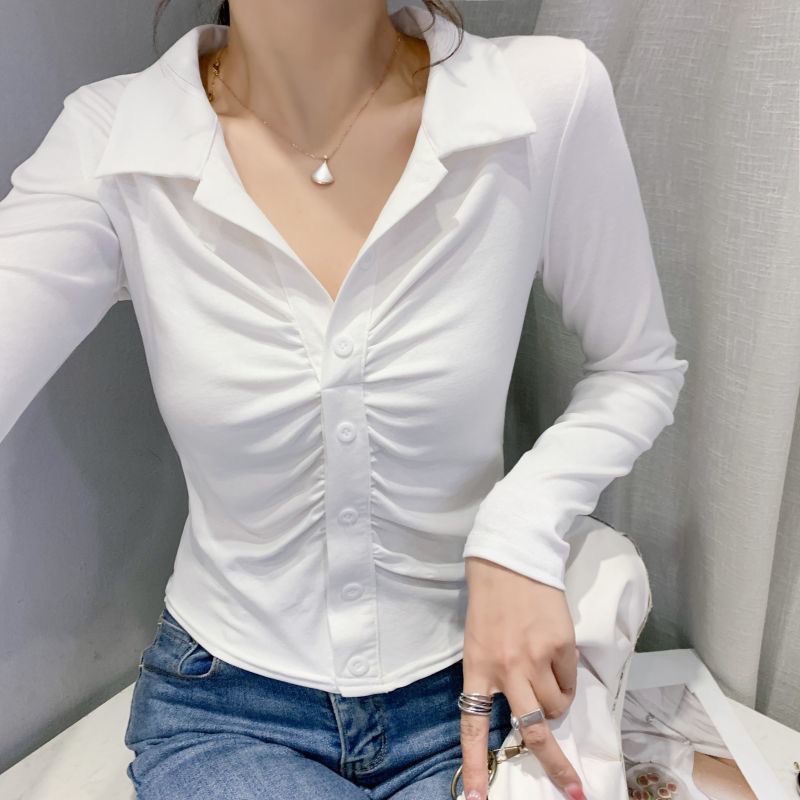 French retro bottoming shirt wanita musim semi dan musim gugur 2022 baru slim fit temperamen pendek Polo collar rajutan top