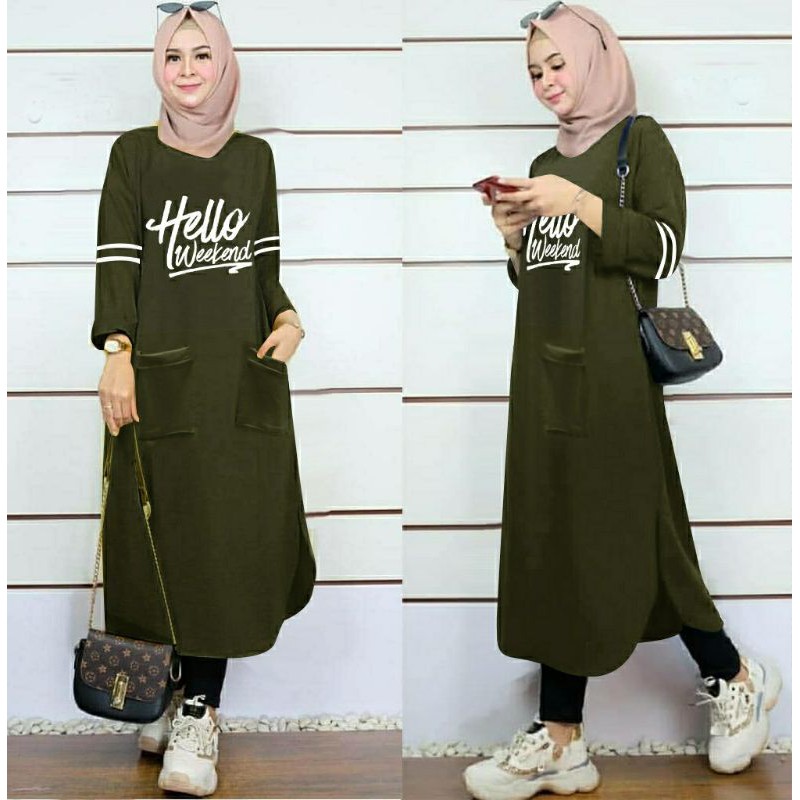 JF Atasan Tunik Kaos Babyterry Jumbo Wanita Muslimah Terbaru HELO WEEKEND