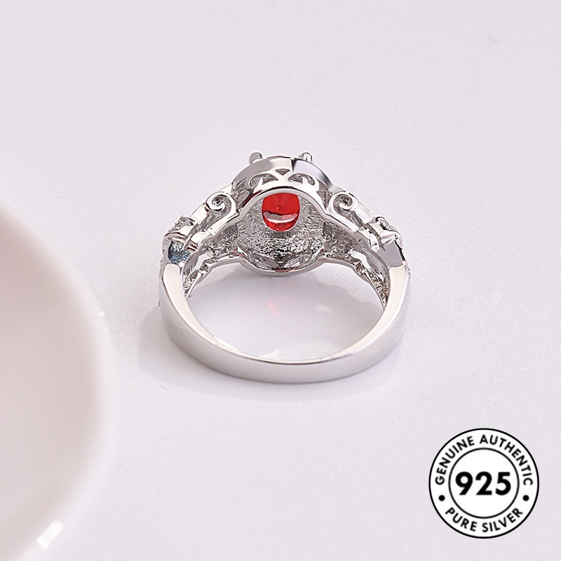 Cincin Sterling Silver 925 Dengan Ruby + Berlian Imitasi Untuk Wanita