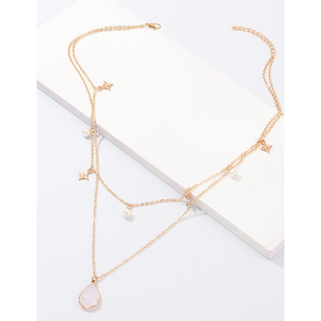 LRC Kalung Fashion Gold Star-studded Artificial pearl Gem Double-layer Necklace D34647