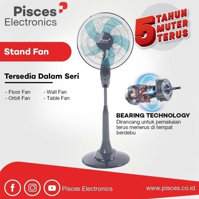 Kipas Angin Berdiri / Stand Fan 16&quot; PISCES 1680 PRO dengan Teknologi Bearing &amp; Thermofuse