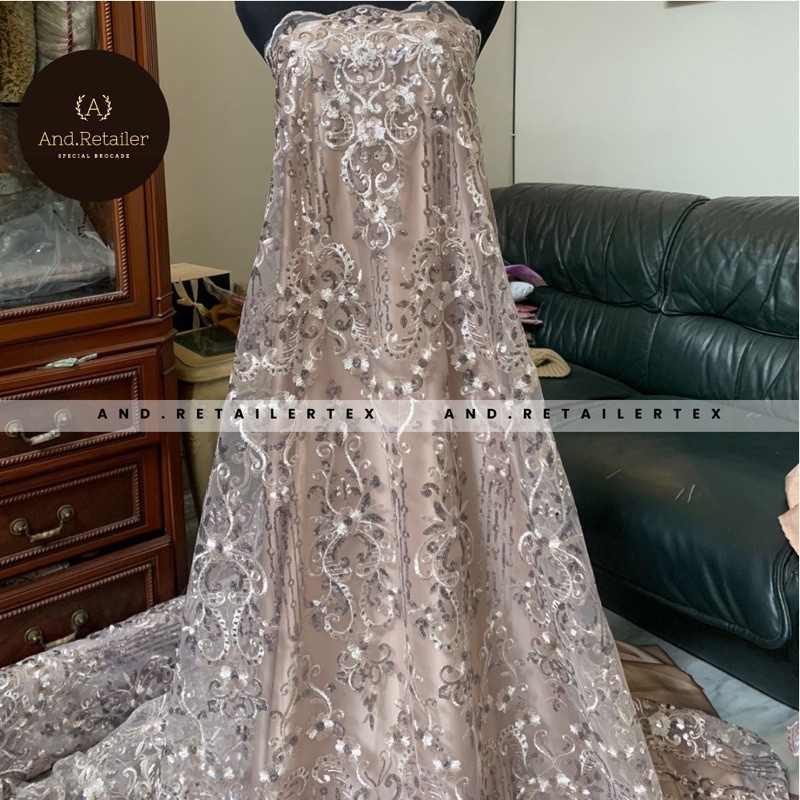 Bahan Kebaya Mewah Brokat Bordir Tile Payet Elizabeth Warna Coksu Latte