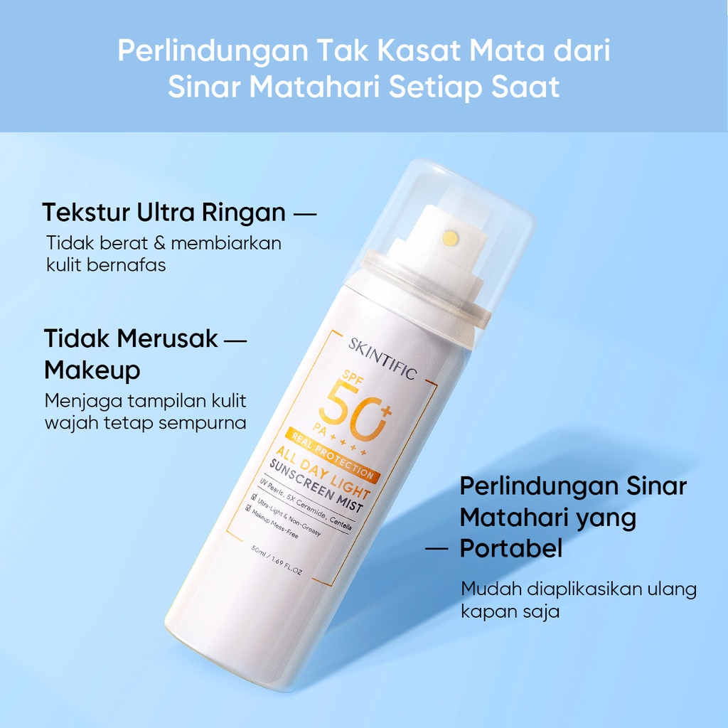 【Skintific Outlet Official】2PCS SKINTIFIC All Day Light Sunscreen Mist 50ml SPF50 PA++++ Sunscreen Spray tabir surya wajah Anti UV Wajah/Body Spray 50ml Sunblock UVA UVB Sun Protection