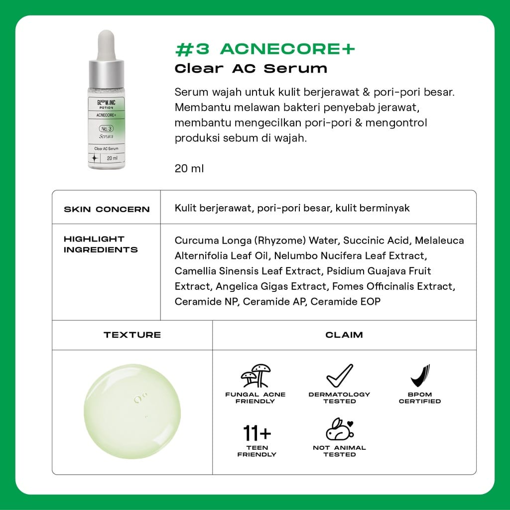 GLOWINC POTION ACNECORE+ Clear AC Low pH Gel Cleanser | Toner | Serum | Moisturizer