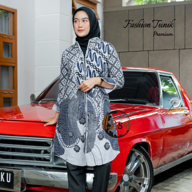 Baju Batik Wanita Tunik Modern Premium High Quality Dress Batik Atasan Batik-Perisai Putih