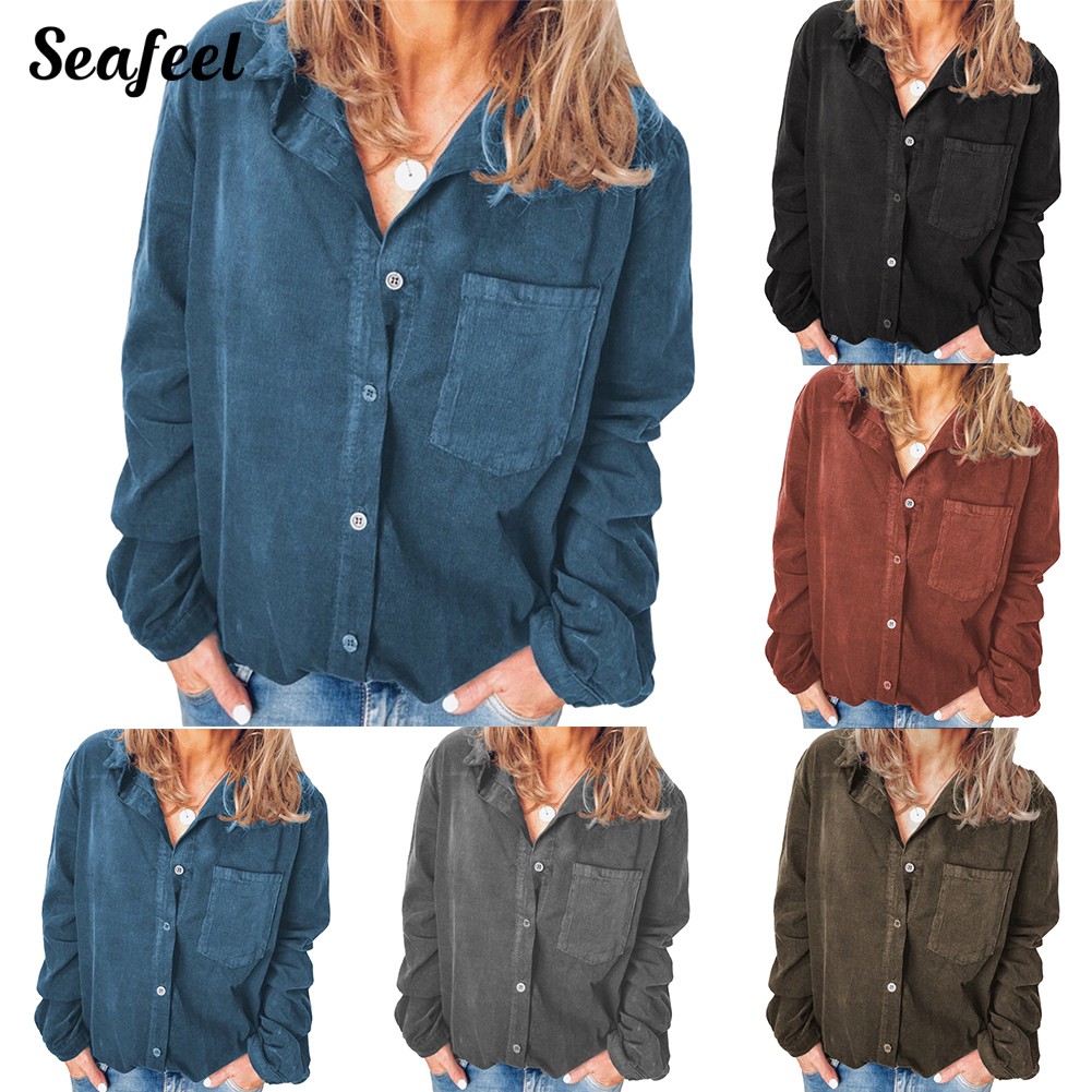 Kemeja Turndown Neck Lengan Panjang Longgar Bahan Corduroy Kemeja Turndown Neck Lengan Panjang Longgar Bahan Corduroy