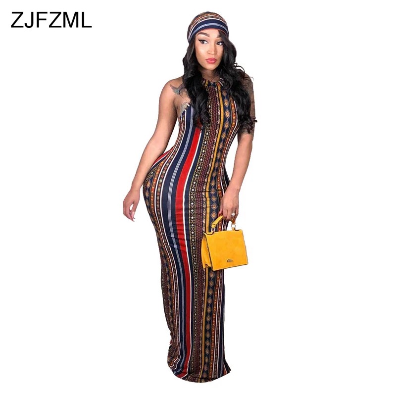DISKON ZJFZML Striped Printed Vintage Bohemian Dress Women O Neck Sleeveless Plus Size Dress