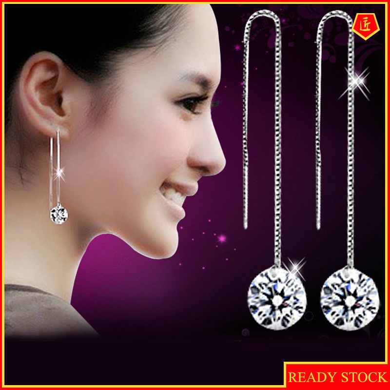 [Ready Stock]Women's Fashion Simple White Crystal Earrings Silver