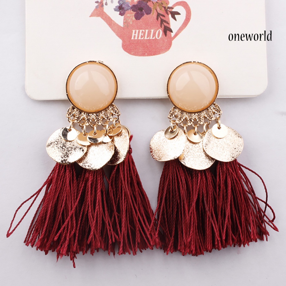 OW@ 1Pair Women Bohemian Tassels Sequins Ear Stud Dangle Earrings Banquet Jewelry