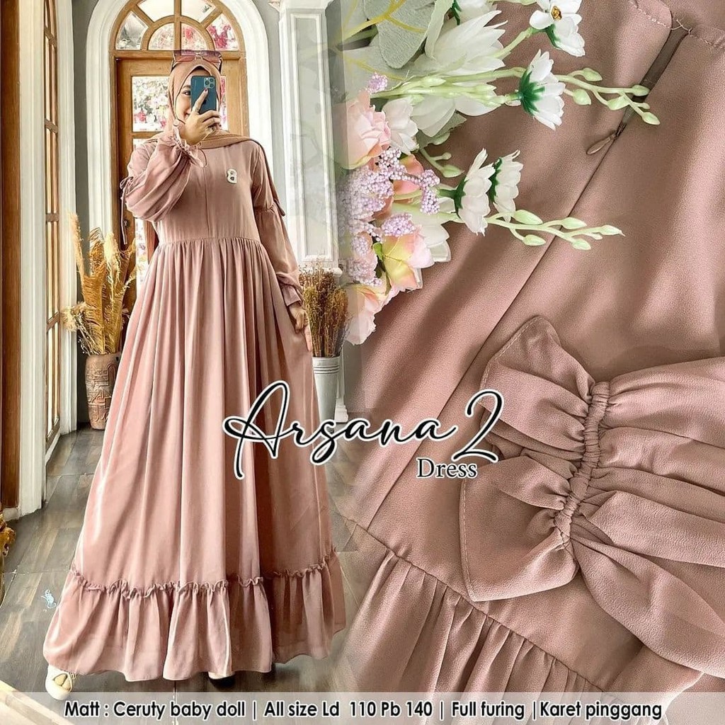 Gamis Ceruty Arsana dress Bo bahan ceruty babydoll premium Gamis wanita terbaru 2023 kekinian original mewah Dress wanita Busui friendly fashion muslim kekinian Dres warna putih , mint , mooca