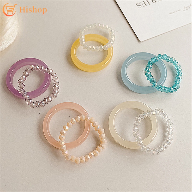 Set Cincin Manik-Manik Warna-Warni Bahan Akrilik Transparan Untuk Wanita