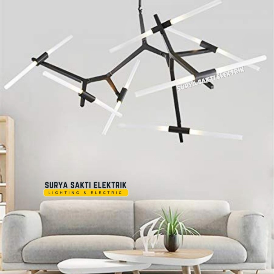 LAMPU GANTUNG MINIMALIS MODERN CABANG HITAM 14 LAMPU RUANG TAMU MAKAN
