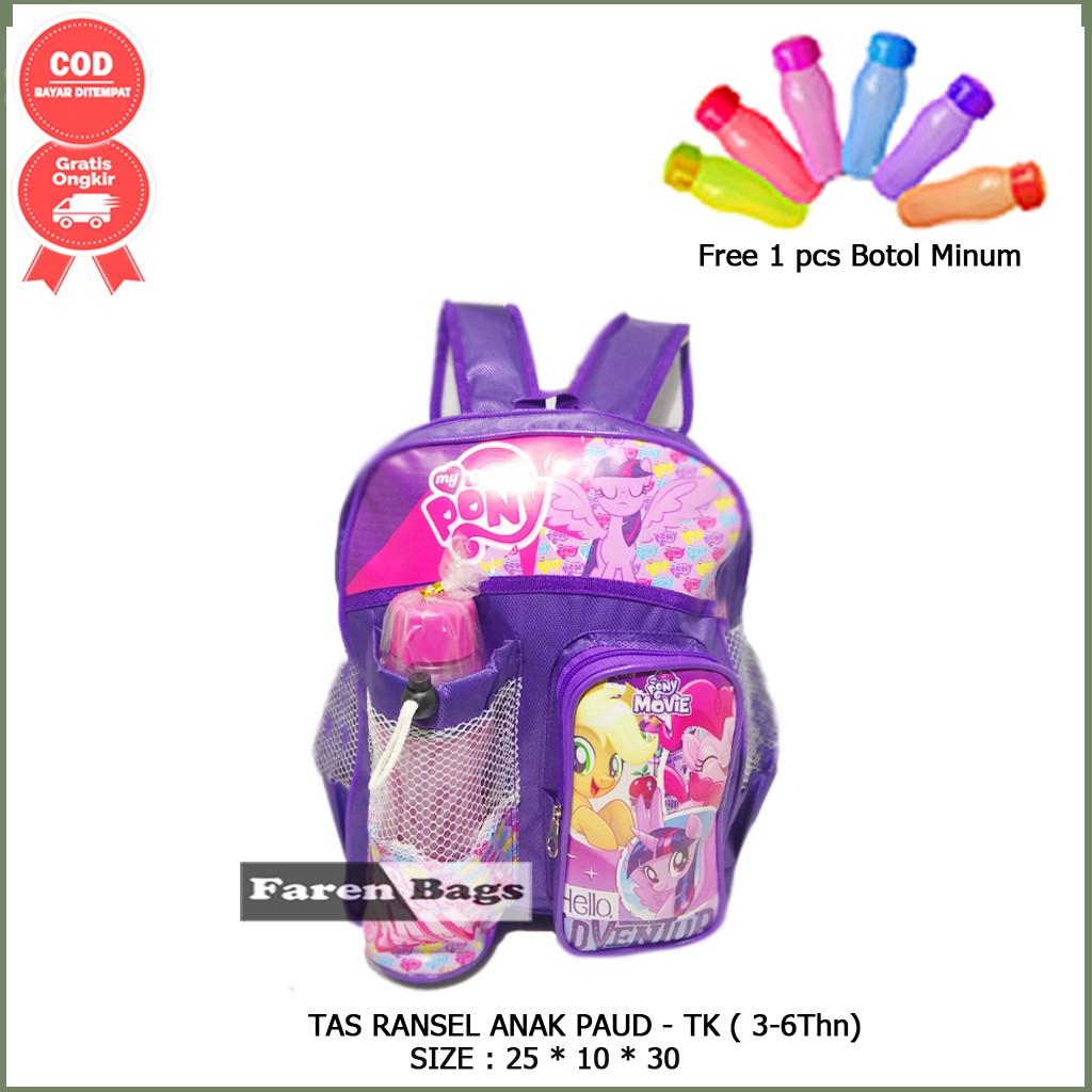 Tas Ransel Sekolah Paud - TK Anak Perempuan Gambar Kartun Free Botol Minum