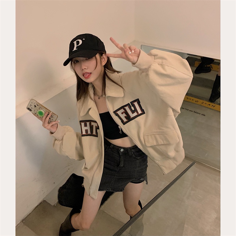 Baseball Jacket Corduroy Oversize Wanita Korean Style Kasual Jaket Vintage