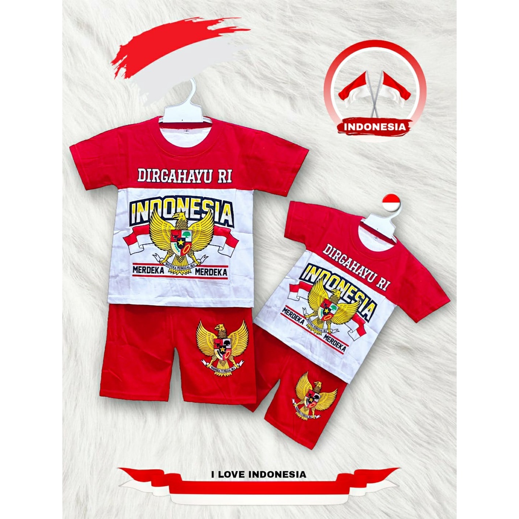 SETELAN BAJU KAOS ANAK LAKI LAKI / PEREMPUAN MOTIF MERAH PUTIH LENGAN PENDEK / BAJU ANAK MERAH PUTIH  USIA 1-10 THN / KEMERDEKAAN /17 AGUSTUSAN 1945