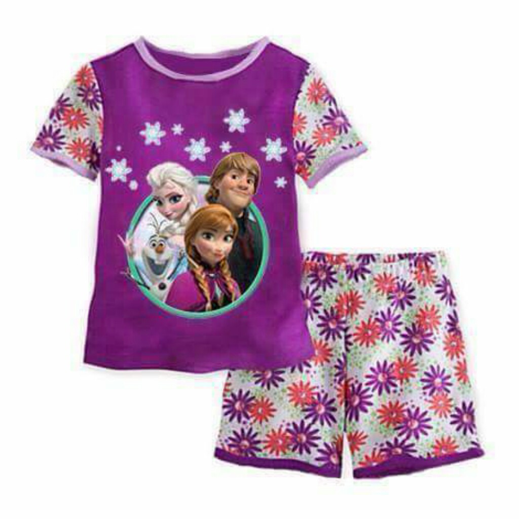 HGS2003 Setelan Pendek Baju Anak Perempuan Motif Frozen Elsa Anna Warna Ungu Bahan Nyaman Murah Lucu
