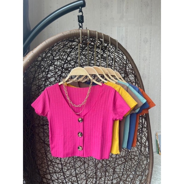 croptop kancing depan wanita.croptop button polos cwe spandek.atasan crop miurah