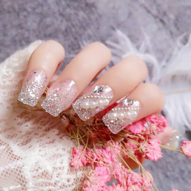 Kuku Palsu 3D/ Nail Art / Half Glitter Fake Nails Wedding For Bride