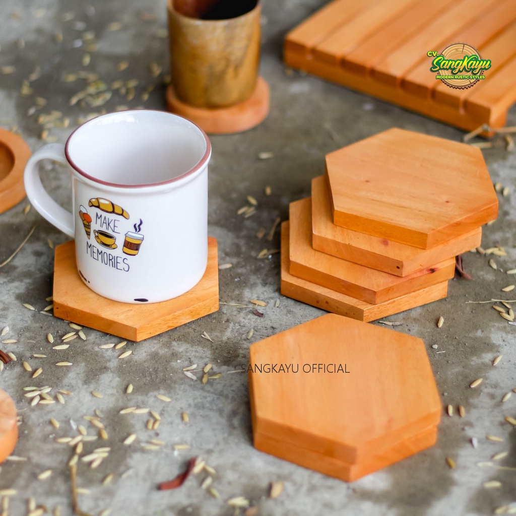 Jual Hexagonal wood coasters tatakan gelas kayu alami segi enam unik