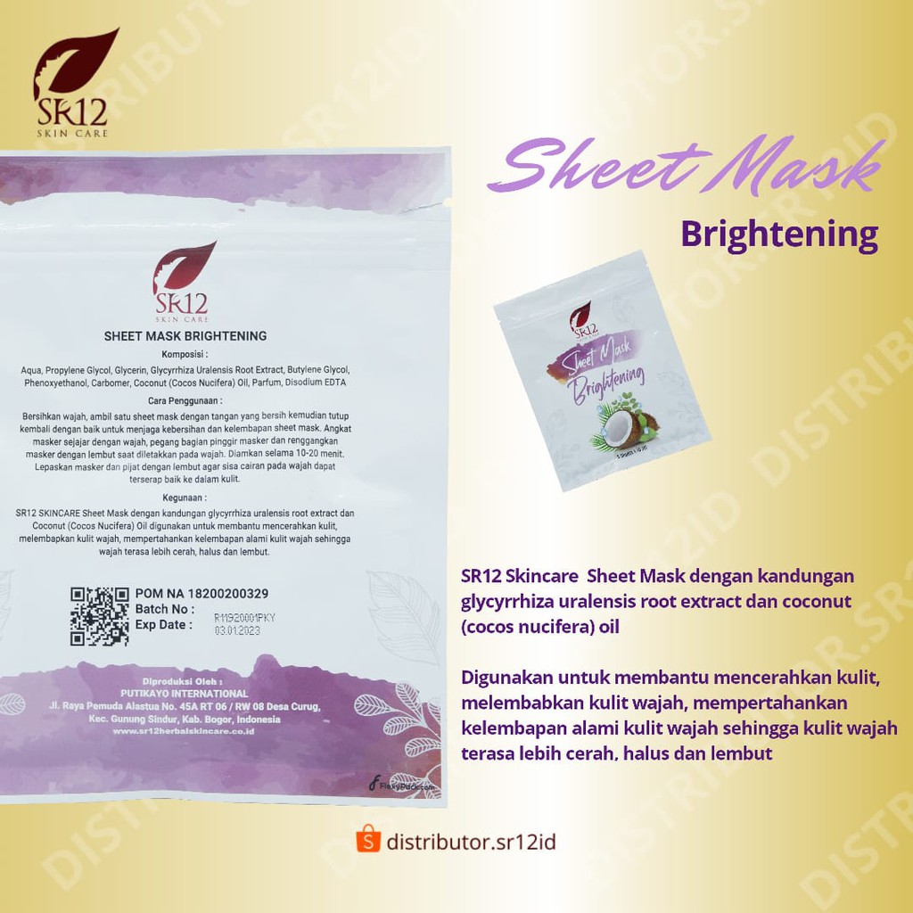 SHEET MASK BRIGHTENING SR12 MASKER PENCERAH WAJAH BPOM ISI 5 SHEET