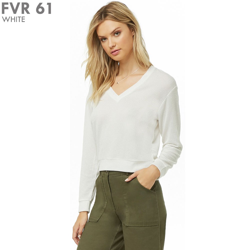 Pusat Gudang Pakaian Grosir Dropship Resel Baju Kaos Wanita Lengan Panjang Warna Putih Polos Kerah V