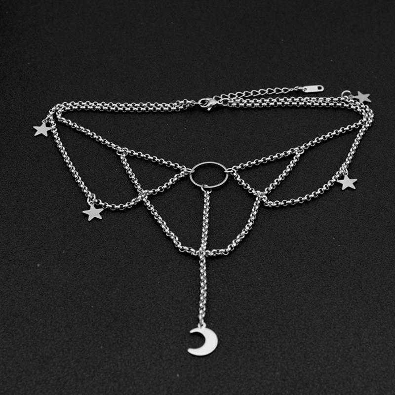 Kalung Choker Desain Bulan Bintang Lingkaran Warna Silver Gaya Gothic Punk Rock Untuk Wanita