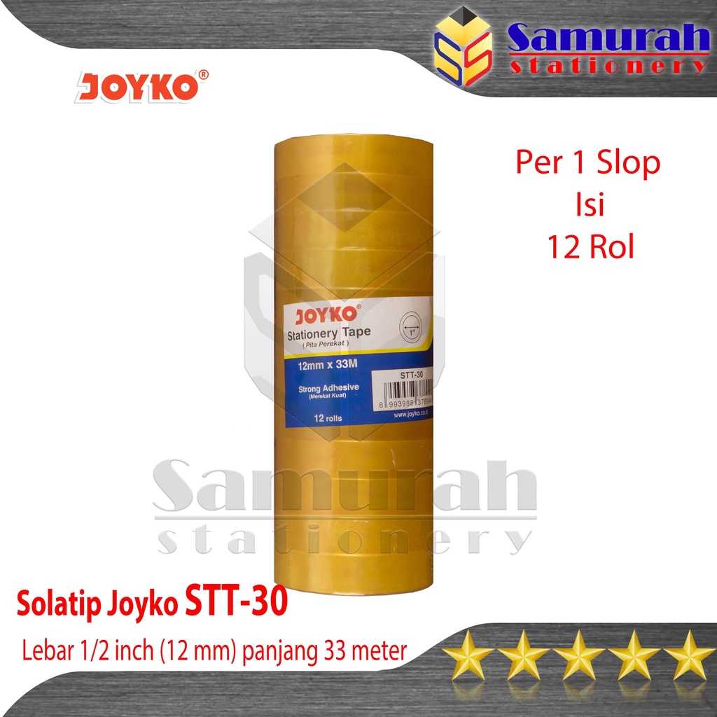 

Solatip Joyko STT-30 lebar 12 mm / Stationery Tape 1/2 inch / Selotip Kado 1 cm Bening Transparant panjang 33 Meter Per Slop isi 12 Rol