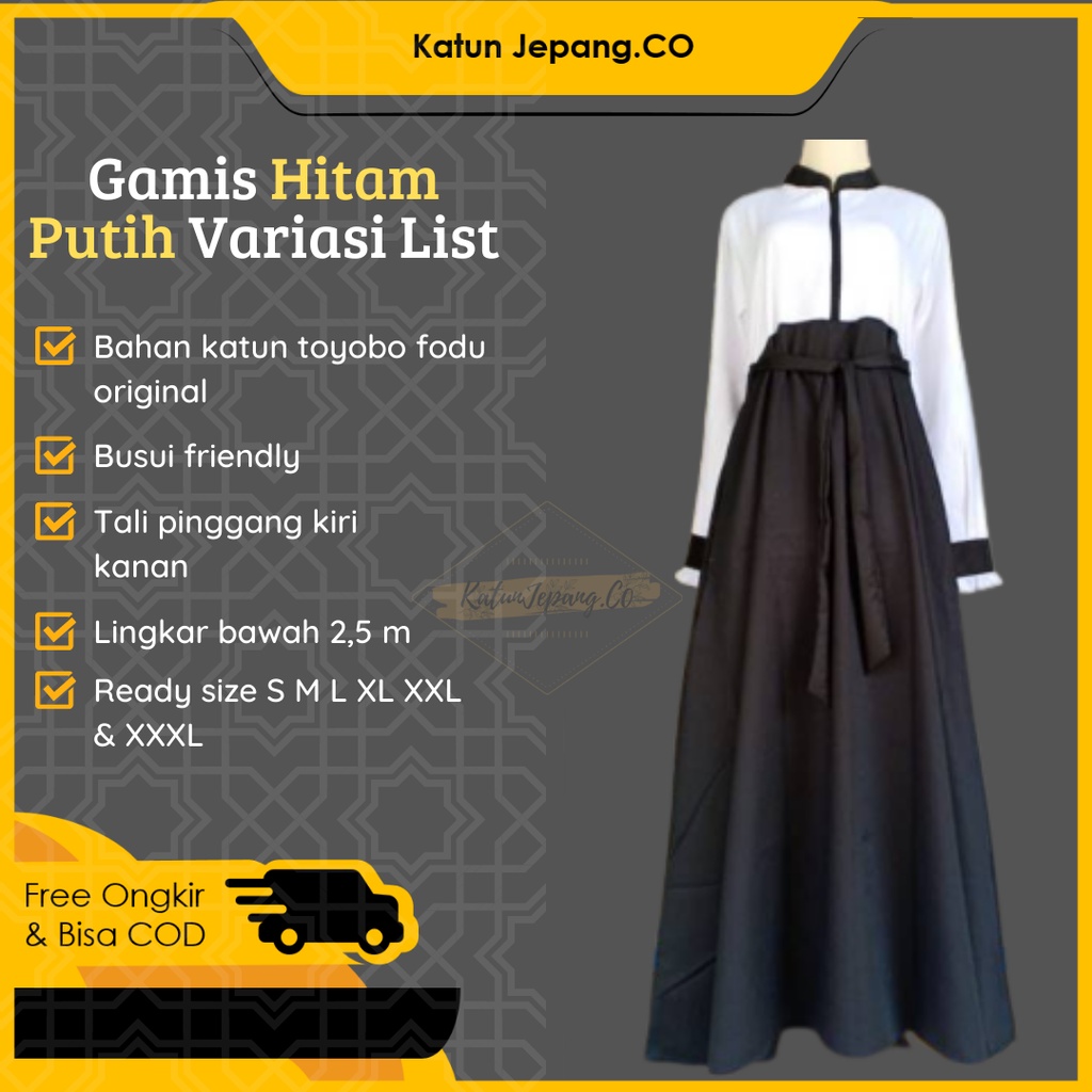 Baju Gamis Dress Seragam Dinas Kerja Kantor Guru PNS Hitam Putih List Dada Bahan Katun Toyobo Fodu O