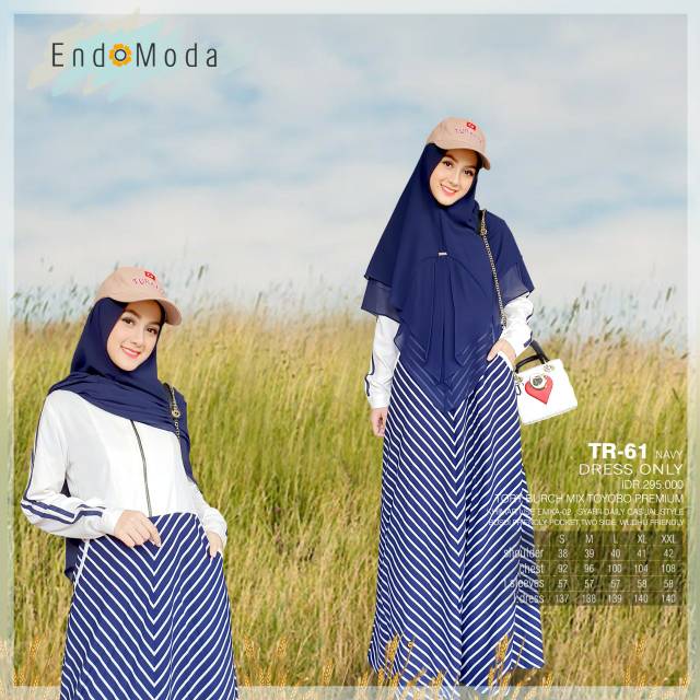 ENDOMODA TR 61 GAMIS WANITA MUSLIM MOTIF GARIS | GAUN PUTIH