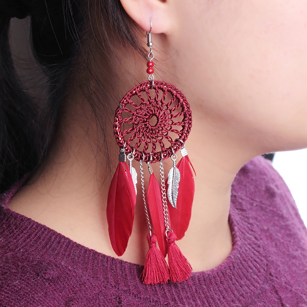 Hu Hu Hu Hu Hu Alat Bantu Pasang Kacamata♡ Anting Kait Gantung Panjang Wanita Desain Dream Catcher Etnik Hias Rumbai