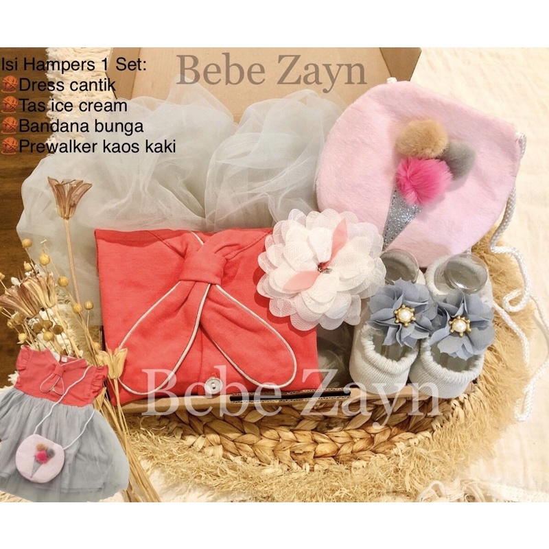 {BEBE ZAYN} Hampers baby/ hampers bayi/ baby gift/ kado bayi/ baby newborn/ Baby Girl/ Flowery Dress Set-Ice Cream Grey
