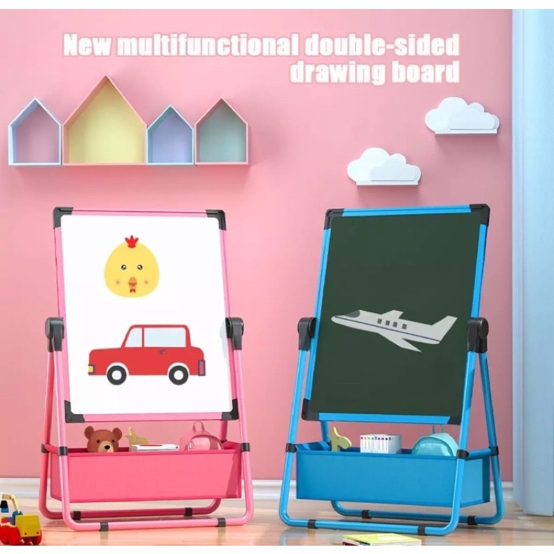 papan tulis anak magnetic multifungsi   keranjang drawing board anak 2 sisi black white board