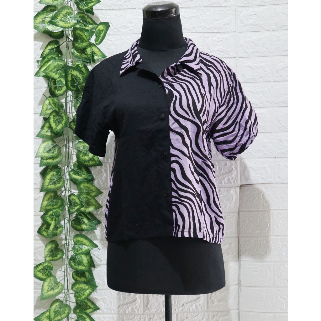 Baju Kemeja Wanita Two Tone Animal Kekinian / Kemeja dua warna / Top Wanita / Atasan Wanita-Zebra Ungu