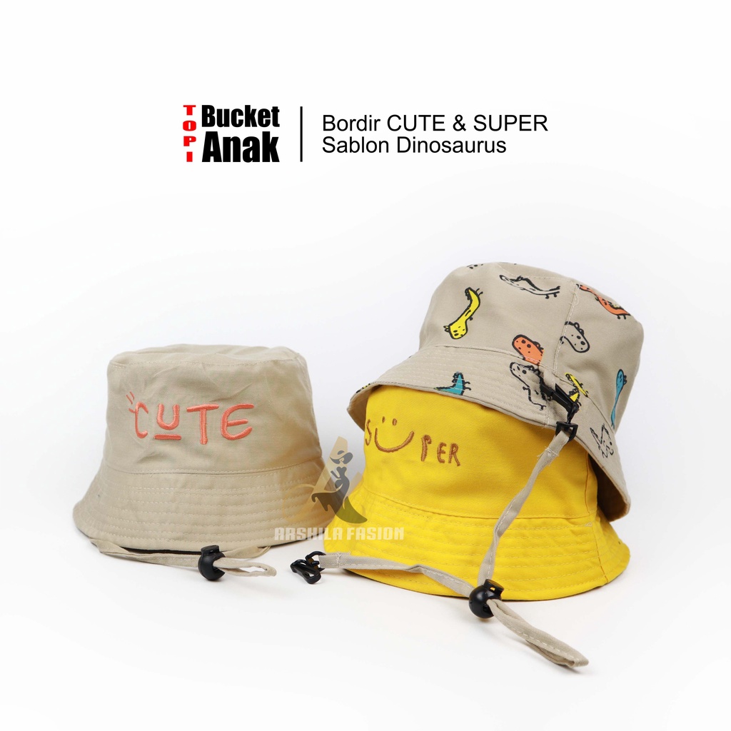 Bucket Hat Anak Perempuan Laki Laki Bordir Cute Bolak Balik Dino